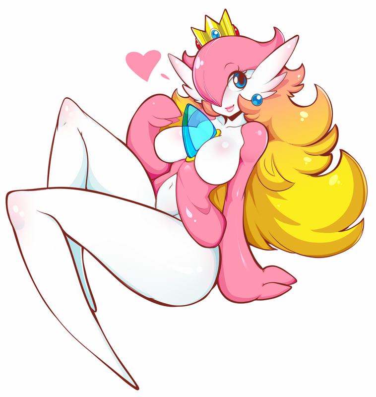 <3, 1girls, blonde hair, blue eyes, breasts, crossover, crown, earrings, female, female gardevoir, female only, full body, fusion, gardevoir, gradient hair, hair, long hair, mario (series), multicolored hair, nintendo, pink body, pink hair, pokemon, pokemon (species), pokemon rse, princess peach, simple background, sitting, slugbox, solo, two-tone hair, white background, white body