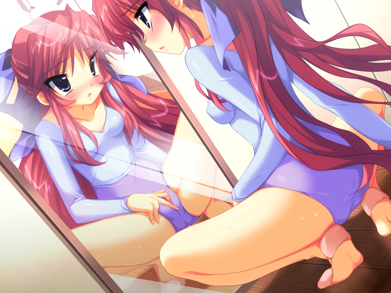 arm_support ass blue_eyes blush bow cameltoe clothed_masturbation clothing emily_(pure_dream) female fingering game_cg leotard leotard_fairy long_hair masturbation masturbation_through_clothing midou_asaka mirror ponytail red_hair reflection ribbon solo spread_legs squatting tied_hair very_long_hair