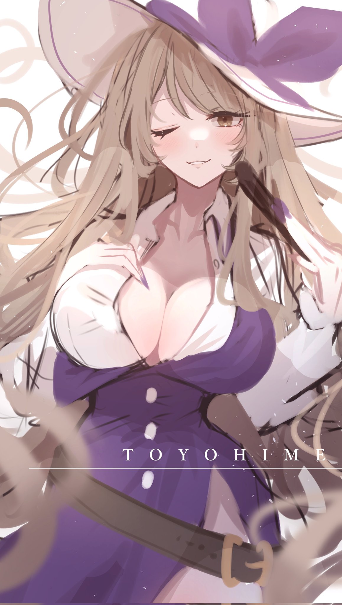 belt breasts brown_eyes character_name cleavage dress female hat hat_ribbon highres large_breasts light_brown_hair long_hair looking_at_viewer maka_(user_rryf2748) one-hour_drawing_challenge one_eye_closed parted_lips purple_dress purple_ribbon ribbon simple_background smile touhou very_long_hair watatsuki_no_toyohime white_background white_headwear