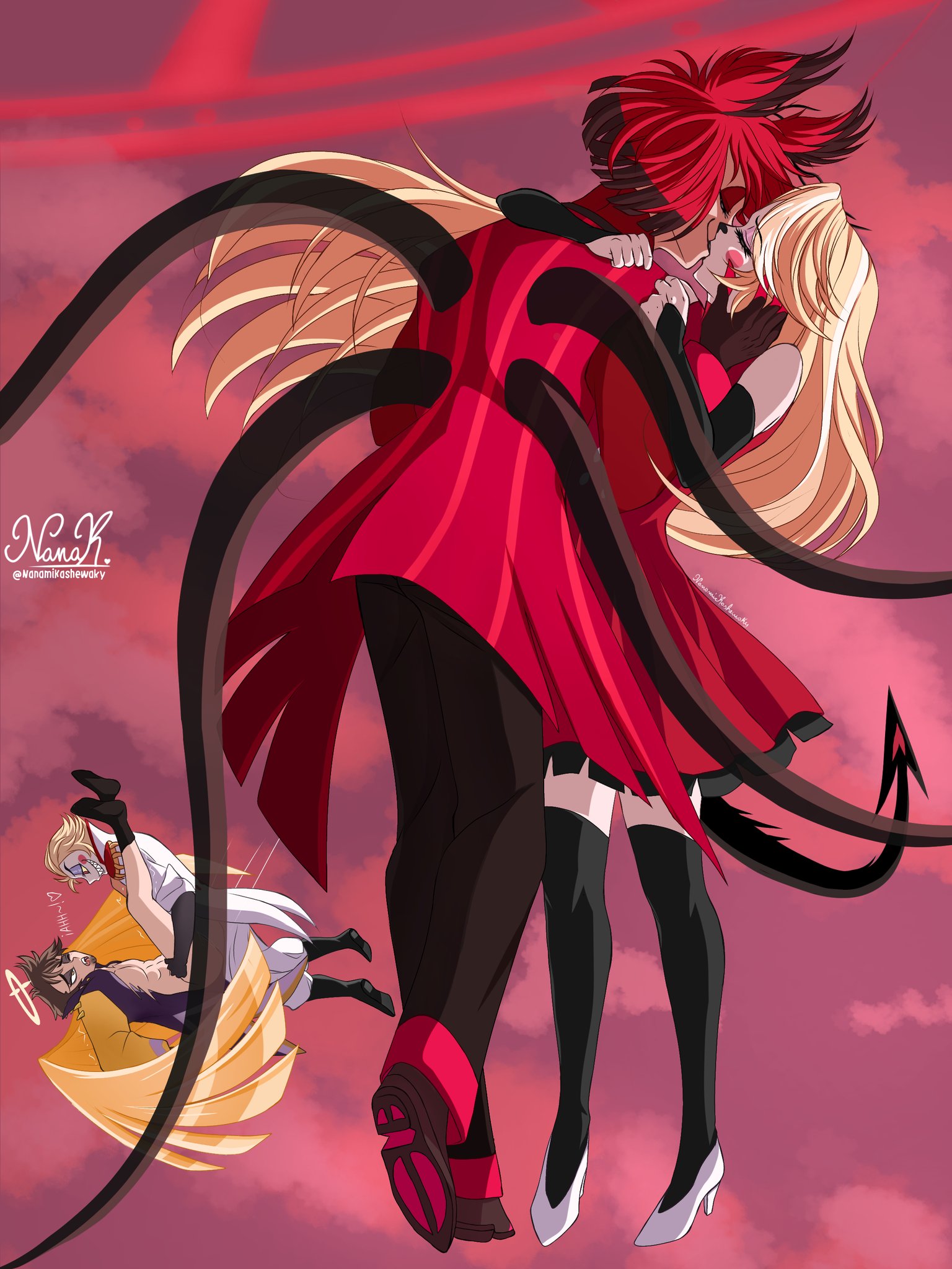 1girls, 3boys, adam (hazbin hotel), alastor (hazbin hotel), anal, anal sex, angel, angel wings, background sex, blonde hair, charlastor, charlie morningstar (hazbin hotel), closed eyes, convenient censoring, convenient censorship, demon, dress, female, floating, funny, gloves, hazbin hotel, kashewakynanami, kissing, long hair, lucifer morningstar (hazbin hotel), male, male/female, male/male, pants, red hair, shoes, tail, tentacle, thighhighs, tongue, tongue out, vivienne medrano, wholesome