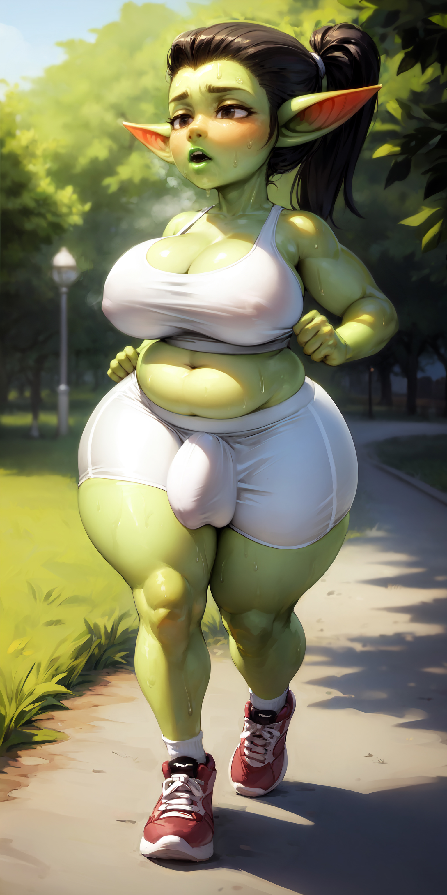 1futa, ai generated, balls, balls bulge, balls under clothes, belly, black hair, breasts, bulge, cleavage, dark skin, dark-skinned futa, erect nipples, exercise, exercise clothing, flaccid, futa only, futanari, goblin, goblin futa, goblinenthusiast, green skin, intersex, jogging, large breasts, nipple bulge, nipples, outdoors, outside, overweight, penis, penis bulge, penis under clothes, pointy ears, ponytail, running, self upload, shortstack, sneakers, sweaty, testicles, thick thighs, tight clothing