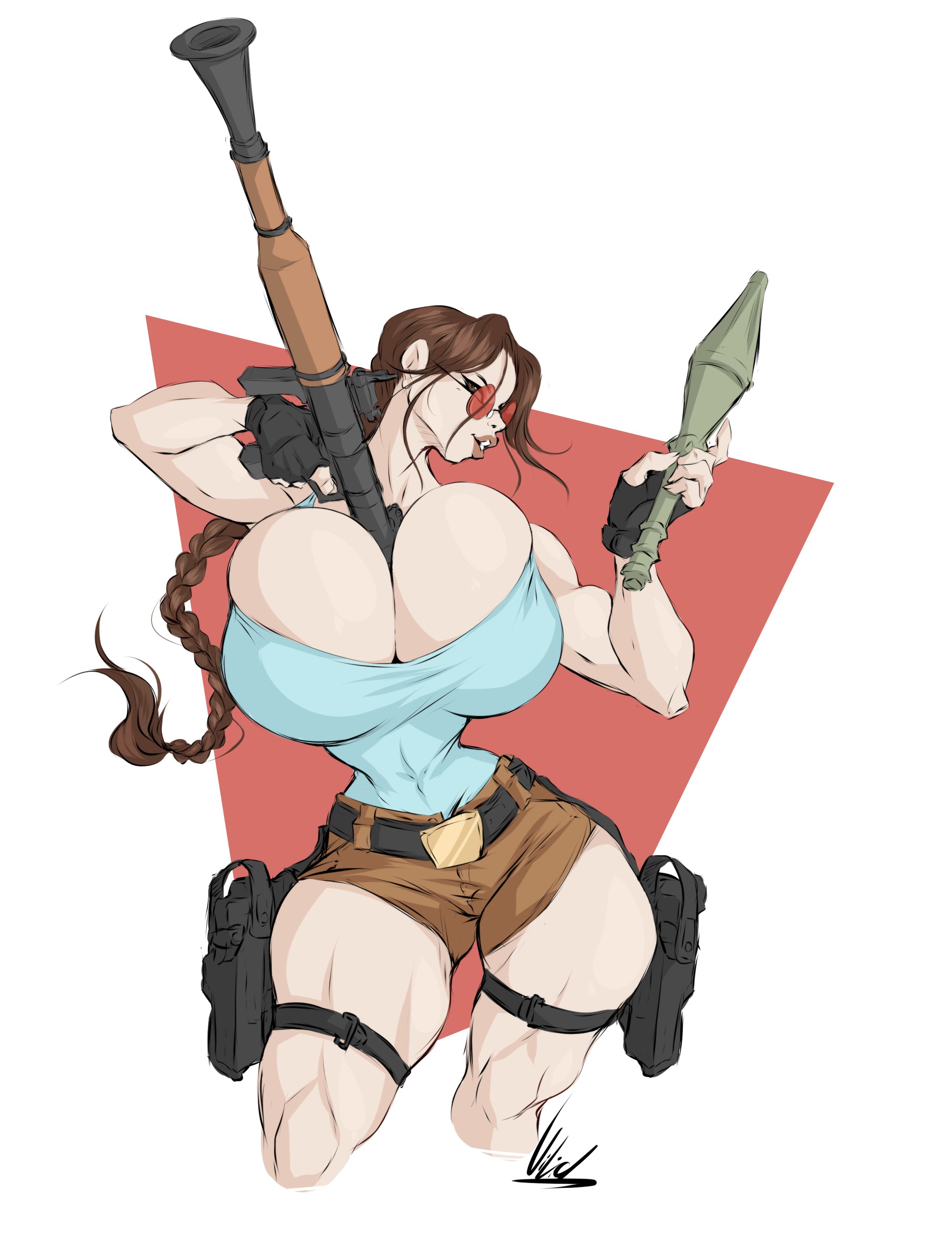big breasts, breasts, breasts bigger than head, dullvivid, female, huge breasts, lara croft, lara croft (classic), signature, text, thick thighs, tomb raider, tomb raider (classic), wide hips