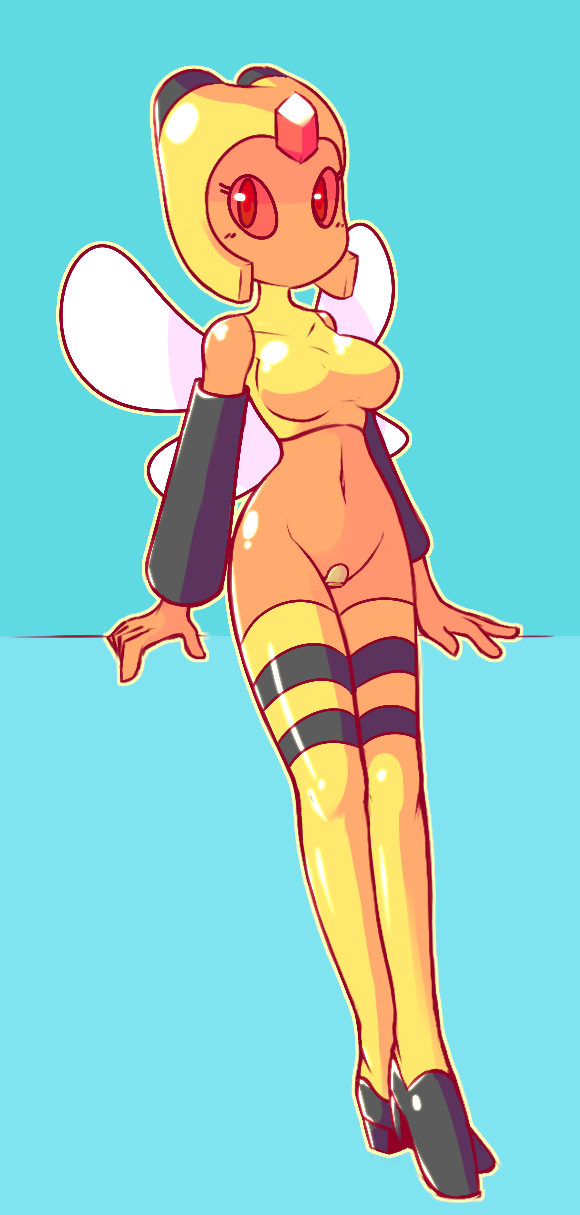 anthro bandaid bandaid_on_pussy bee blush breasts crop_top exposed_shoulders female high_heels leaning leggings lin_(nekuzx) midriff nekuzx pokémon_(species) pokemon red_eyes sleeves vespiquen wings