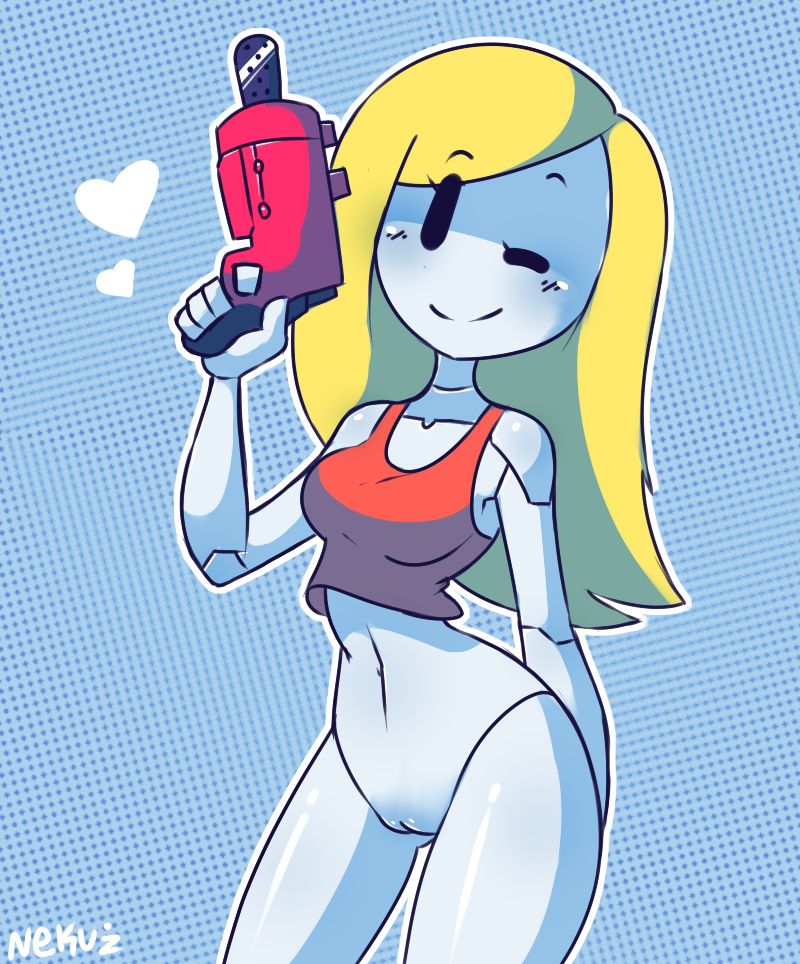 1girls blonde_hair blush bottomless breasts cave_story curly_brace female female_only gun hear long_hair midriff navel nekuzx pussy robot robot_girl smile solo tank_top winking winking_at_viewer