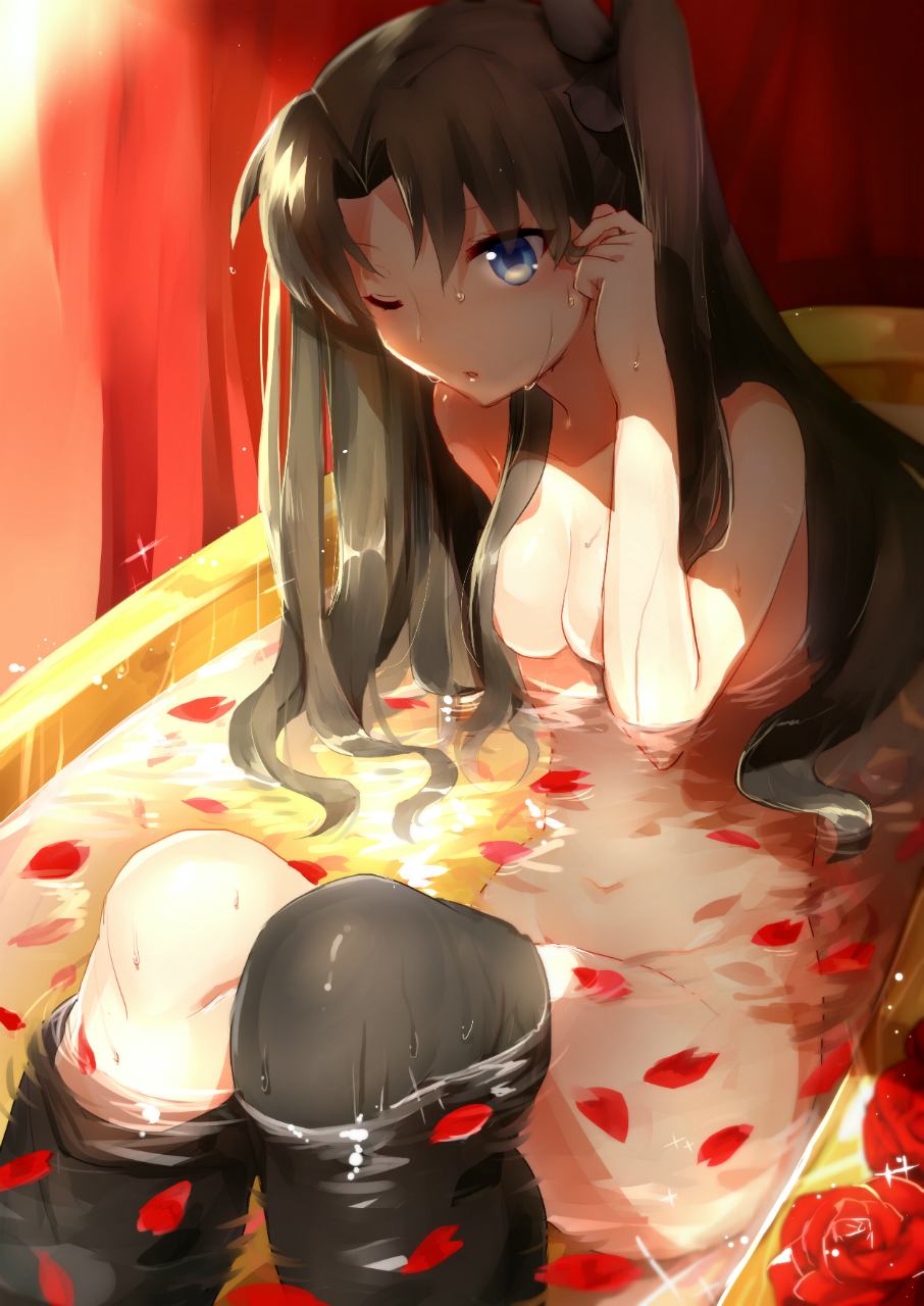 ;o, bathing, bathtub, black hair, black legwear, blue eyes, blush, breasts, eyebrows, eyebrows visible through hair, eyelashes, eyelashes visible through hair, fate (series), fate/stay night, female, flower, hair ribbon, highres, long black hair, long hair, looking at viewer, medium breasts, nude, one eye closed, one eye open, open mouth, partially submerged, partially submerged legs, petals, ribbon, rose, rose petals, solo, suurin (ksyaro), thighhighs, thighhighs pull, tied hair, tohsaka rin, twintails, two side up, type-moon, water, wet, wet breasts