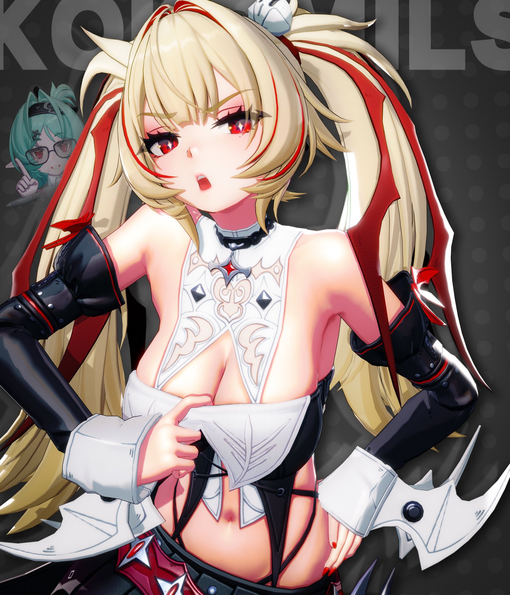 2girls, 3d, 3d model, bare shoulders, breasts, claret (zenless zone zero), claret flint, cleavage, colored nails, female, female only, glasses, green hair, kokomils, large breasts, long hair, long nails, meme, midriff, midriff baring shirt, navel, painted nails, pale skin, pale-skinned female, pigtails, platinum blonde hair, red eyes, red nails, roxy (zenless zone zero), roxy ifrita pryce, tsundere, two-tone hair, zenless zone zero