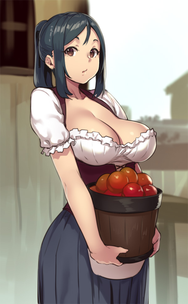 apple, black hair, breasts, brown eyes, bucket, cleavage, corset, female, female only, holding object, houtengeki, human, large breasts, ponytail, solo, standing, tagme, tied hair