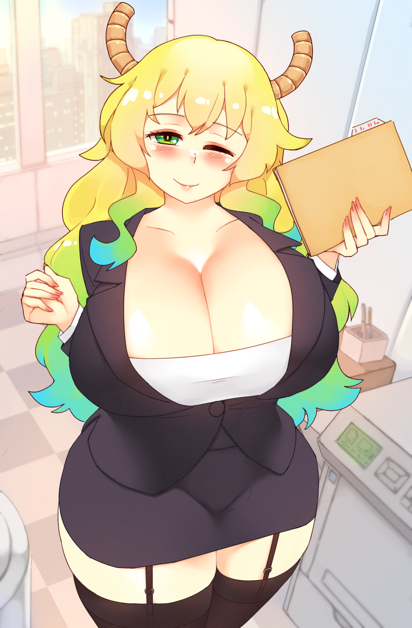 1girls, alternate version available, big breasts, black skirt, black thighhighs, blonde hair, blush, breasts, cleavage, female, female only, garter straps, green eyes, hair, horns, huge breasts, large breasts, legwear, long hair, mature, mature female, milf, miss kobayashi's dragon maid, office lady, one eye closed, pencil skirt, quetzalcoatl (dragon maid), rtil, skirt, smile, solo, solo female, thick thighs, thighhighs, thighs, two-tone hair, wink, winking