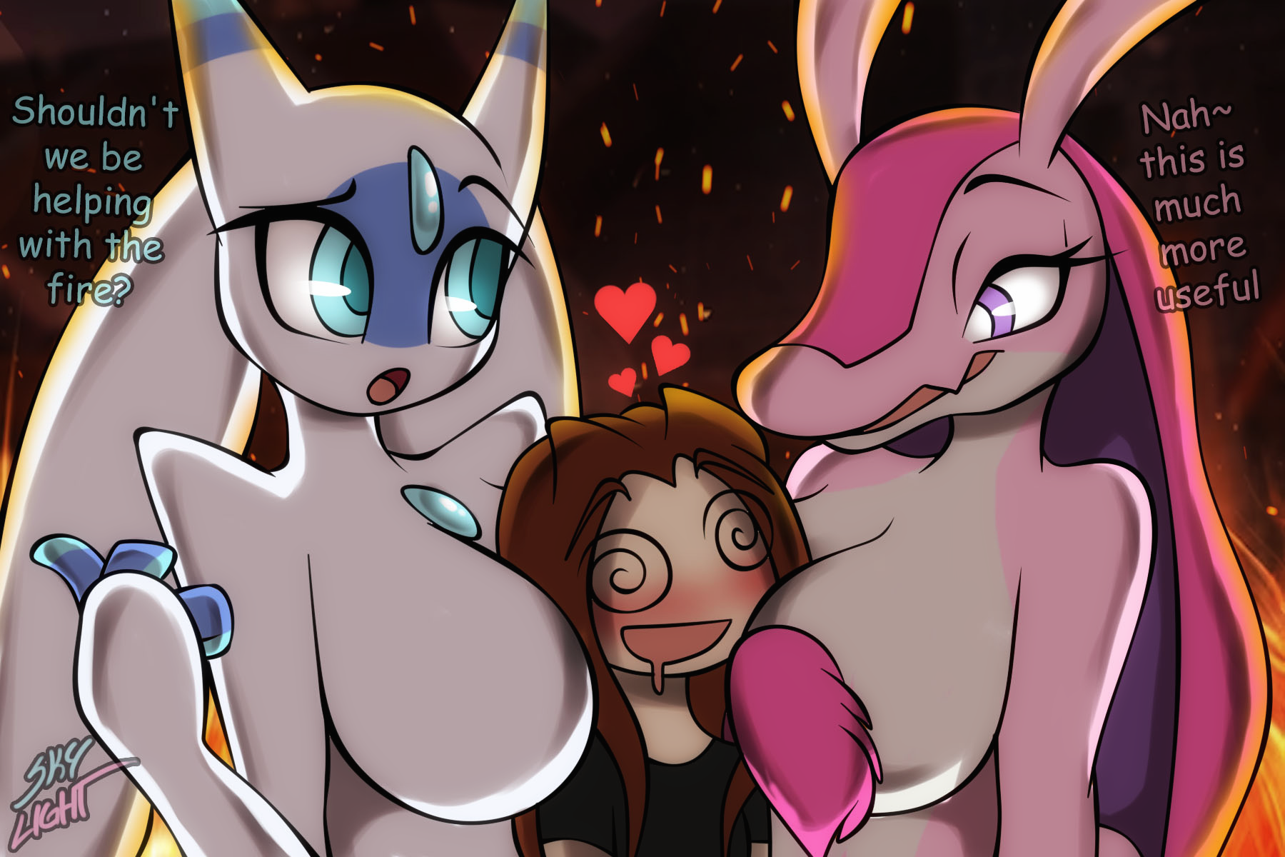 1boy, 2girls, anthro, big breasts, blue eyes, breasts, female, furry, human, long hair, lovander, lunaris (pal), male, pal (species), palphilia, palworld, pink body, pink hair, purple eyes, robot, robot girl, skylight (artist), smaller male, taller female, white body