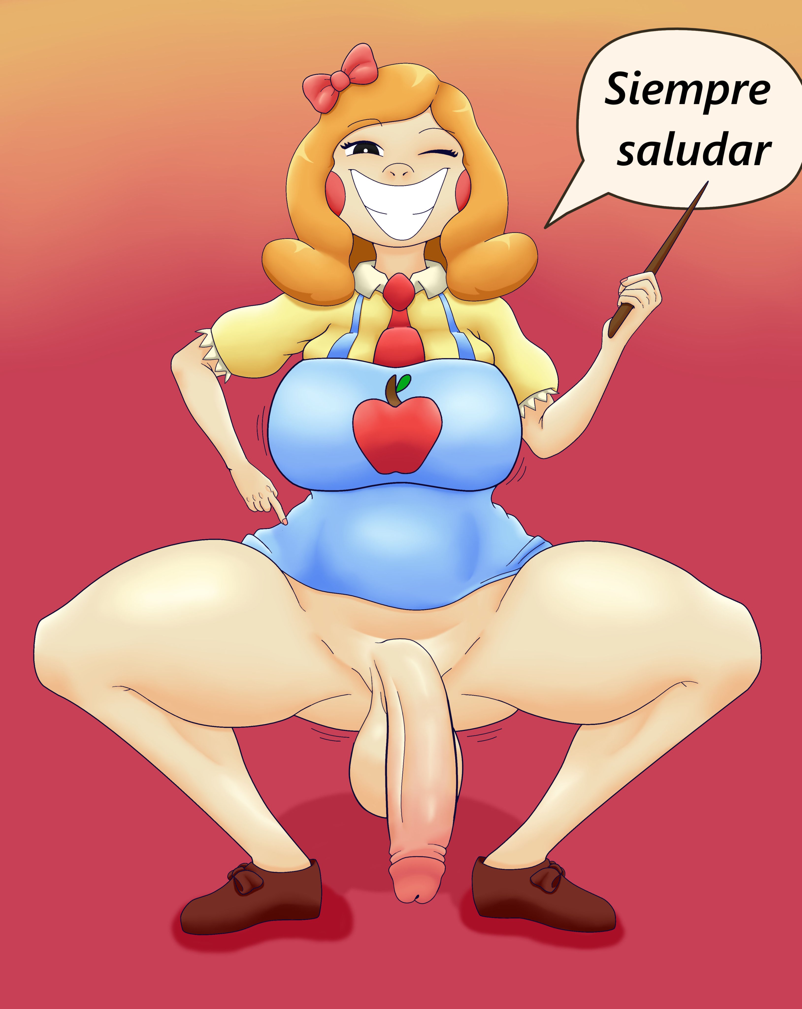 1futa, 2024, 2d, 2d (artwork), 2d artwork, absurd res, apple, apron, balls, big penis, bottomless, bow, clothed, clothing, dialogue, dickgirl, dress, flaccid, foreskin, futa only, futanari, ginger, ginger hair, human, intersex, legs spread, light skin, light-skinned futa, limp penis, long hair, miss delight, mob entertainment, partially clothed, penis, pointing at penis, poppy playtime, poppy playtime (chapter 3), red background, redygo, retracted foreskin, ruler, smile, smiling, smiling at viewer, smooth balls, smooth penis, solo, spanish text, spread legs, squatting, teacher, testicles, text, thick thighs, uncircumcised, wink, winking at viewer