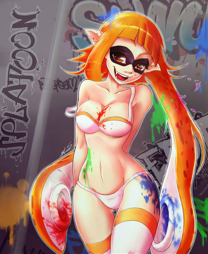 alternate breast size, anthro, big breasts, bra, breasts, cephalopod, cephalopod humanoid, fangs, female, graffiti, humanoid, inkling, inkling girl, kaori (splatoon), looking at viewer, mask (marking), nintendo, open mouth, orange hair, panties, pointy ears, solo, splatoon, squid, tentacle, tentacle hair, underwear