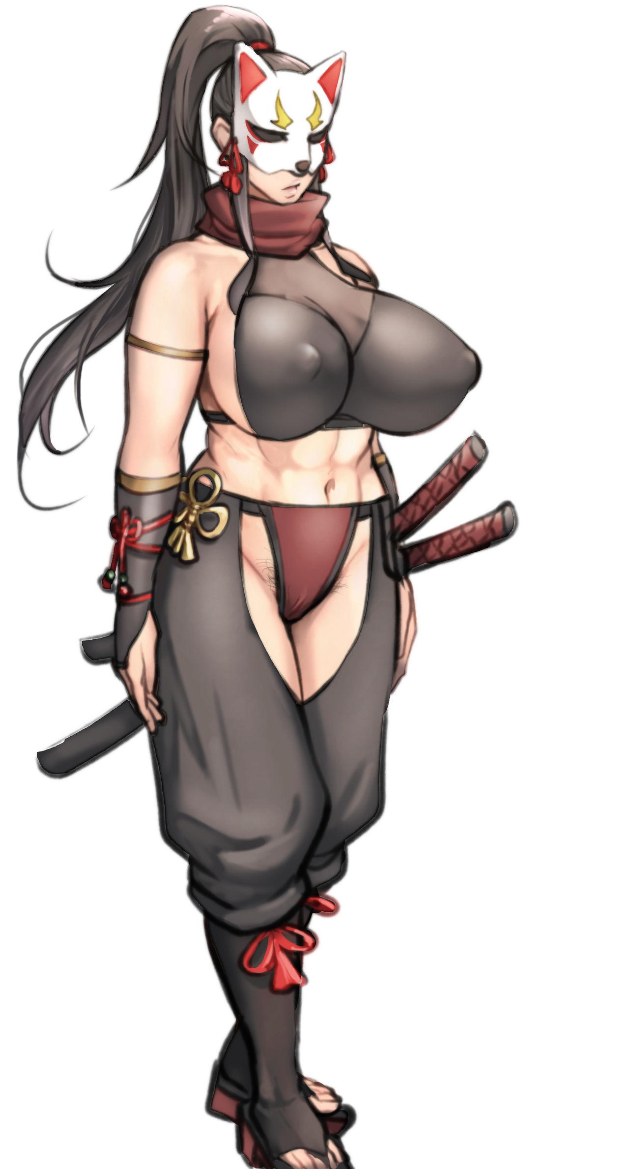 1girls, 2021, abs, absurd res, armlet, bare shoulders, black gloves, black hair, black shirt, breasts, bridal gauntlets, chaps, crop top, expressionless, feet, female, female only, fox mask, full body, geta, gloves, high ponytail, highres, japanese text, jewelry, katana, large breasts, long hair, long ponytail, mask, midriff, miko, navel, nipple bulge, original, pepe (jonasan), ponytail, pubic hair, pubic hair peek, scarf, sheath, sheathed, shirt, shrine maiden, sideboob, simple background, sleeveless, sleeveless shirt, socks, solo, standing, sword, tied hair, tight clothing, toeless legwear, toes, toned, toned female, weapon, white background