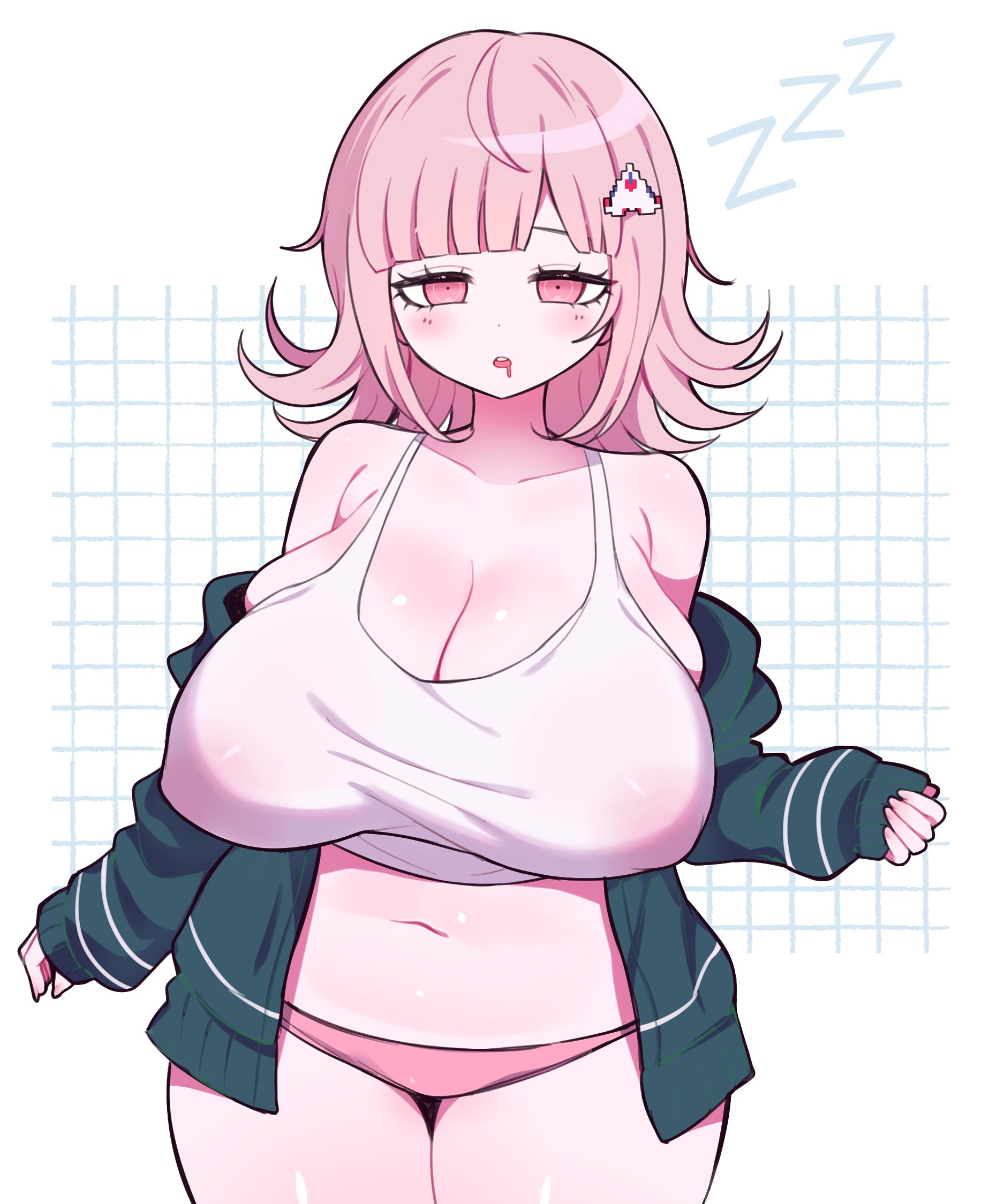 barely visible nipples, bedroom eyes, belly, breasts, center opening, clarevoir, curvy, danganronpa, danganronpa 2: goodbye despair, drooling, female, female only, gigantic breasts, half-closed eyes, nanami chiaki, nipple bulge, no pants, open jacket, panties, pink panties, see-through clothing, sleepy, thick thighs, wide hips, zzz