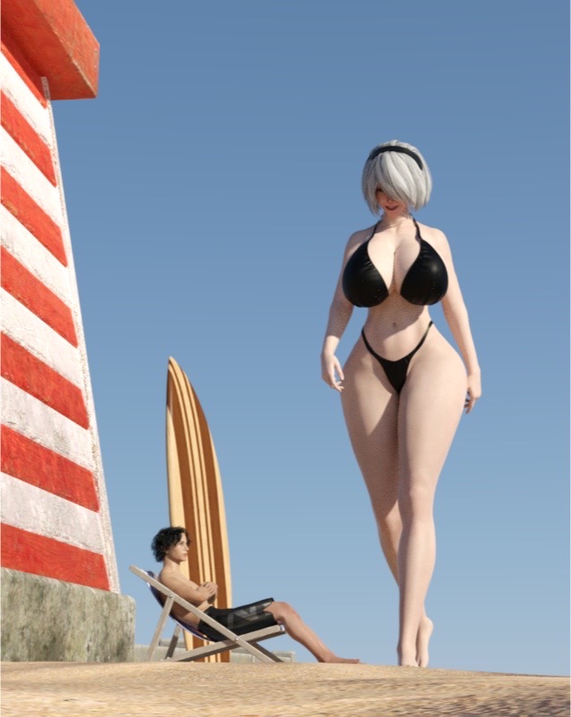 1boy 1girls 3d big_breasts bikini breasts female female_focus giantess hairband huge_breasts light-skinned_female light_skin macro male nier nier:_automata psykojess short_hair size_difference white_hair yorha_2b