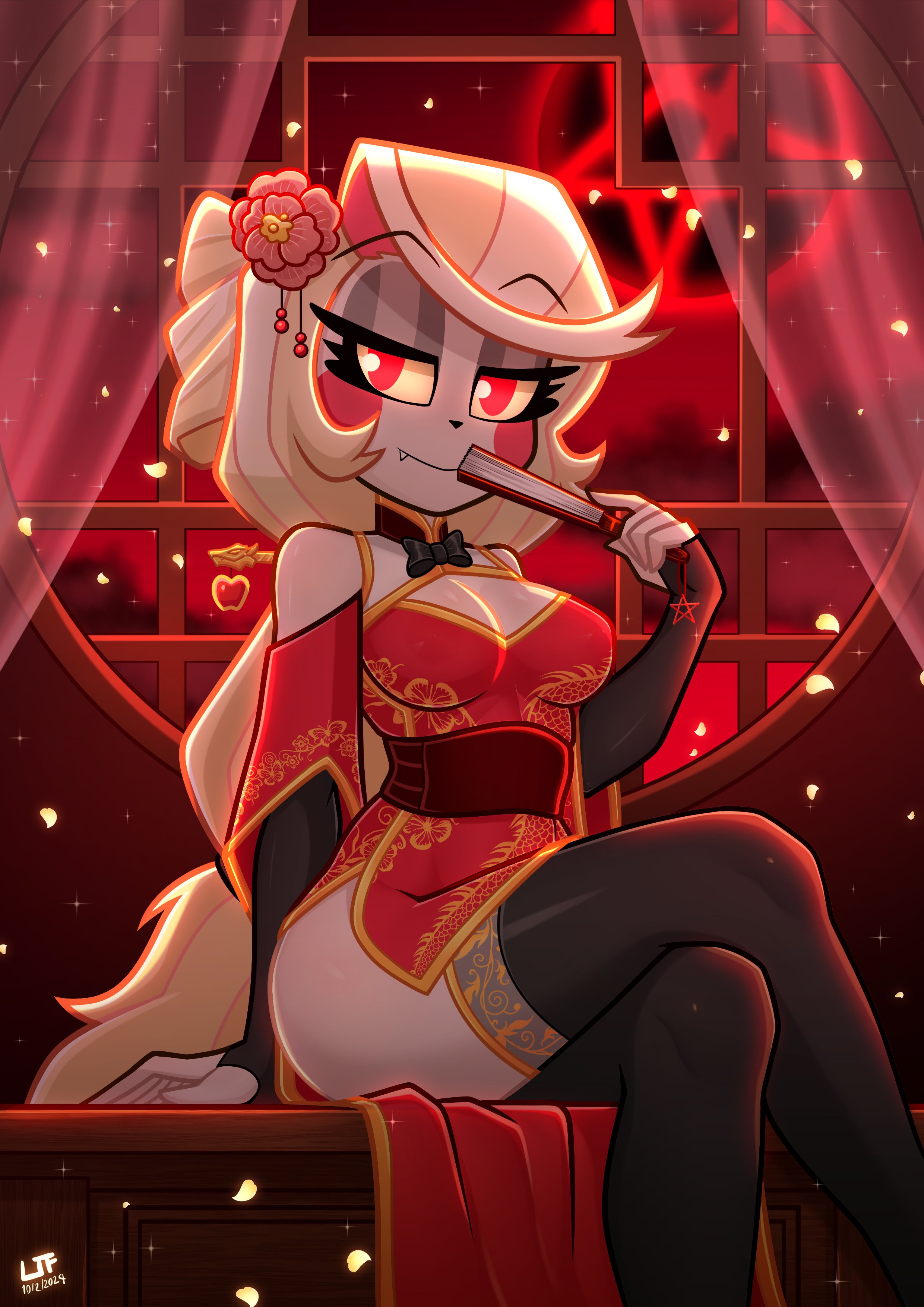 1girls, 2024, alternate costume, alternate hairstyle, blonde hair, breasts, charlie morningstar (hazbin hotel), chinese clothes, chinese dress, demon, demon girl, fan, female, female only, hair ornament, hand fan, hazbin hotel, highres, lezaki-thefatlizard, light skin, light-skinned female, long hair, looking at viewer, lunar new year, medium breasts, pale skin, pale-skinned female, solo, stockings, thighhighs, twitter