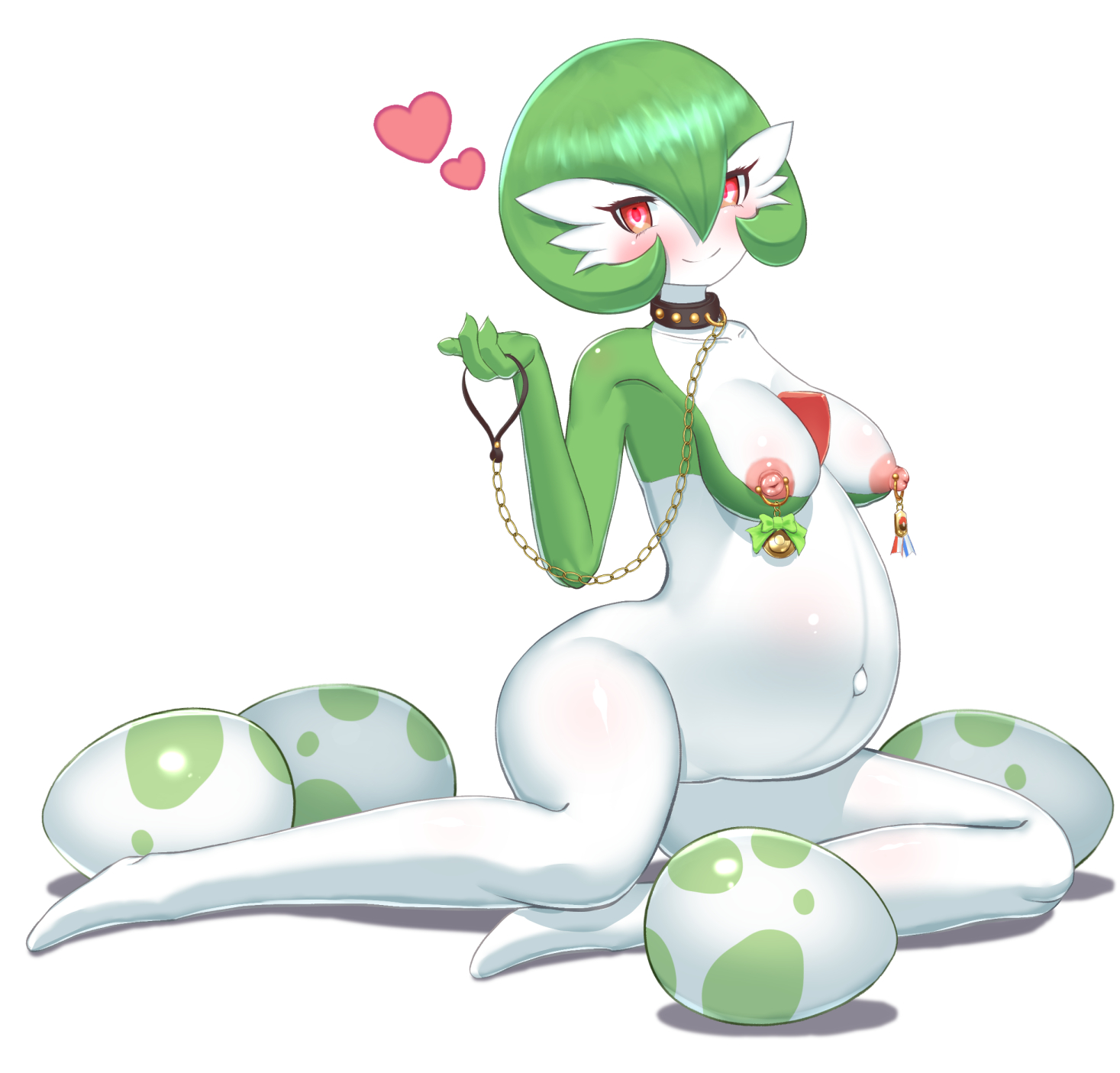 1girls, anthro, belly, big belly, breasts, cauguy, collar, eggs, female, gardevoir, green hair, leash, nipple piercing, nipples, piercing, pokemon, pokemon (species), pregnant