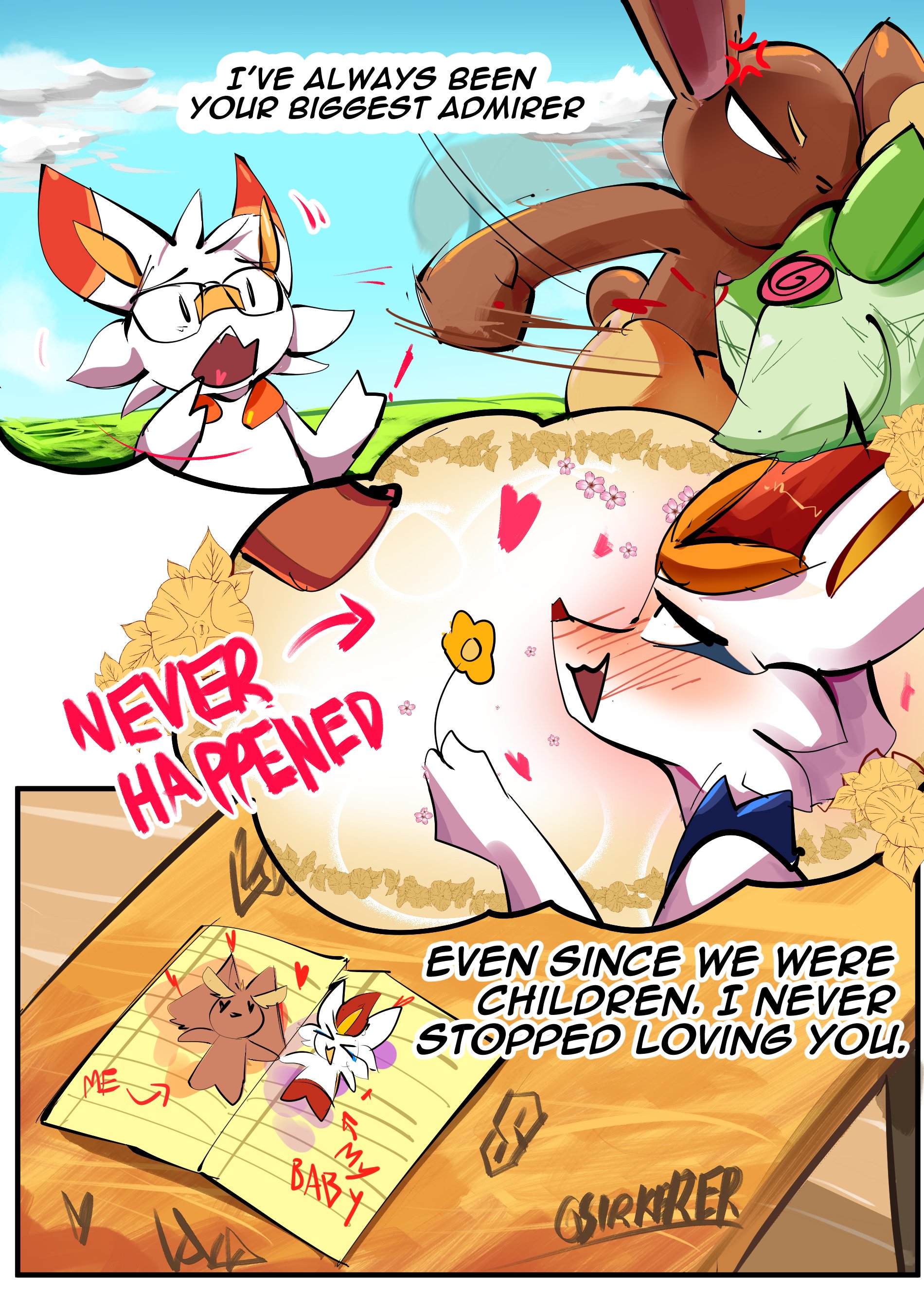 1boy, 1girls, blush, bunny ears, bunny girl, cinderace, color, comic, dream, english text, female, fighting, furry, game freak, glasses, hi res, lopunny, male, male cinderace, male/female, nintendo, page 2, pokémon (species), pokemon, pokemon (species), pokemon ss, sirkerner, sprigatito, tagme, text, text bubble, thick thighs