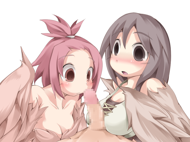 1boy 2girls bangs_pinned_back bare_shoulders blush bmp-to-png_conversion breasts brown_eyes brown_feathers brown_hair brown_wings censored cleavage feathered_wings feathers harpy long_hair looking_at_penis medium_breasts mon-musu_quest! monster_girl mosaic_censoring multiple_girls non-web_source open_mouth penis pii_(mon-musu_quest!) pina_(mon-musu_quest!) pov red_hair siblings sisters small_breasts tank_top transparent_background winged_arms wings