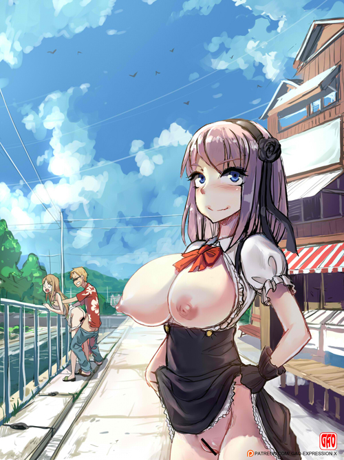 1boy 2girls ass bar_censor bent_over bent_over_railing blue_eyes blush breasts brother_and_sister censored cloud dagashi_kashi dress dress_lift endou_saya_(dagashi_kashi) endou_tou exposed_breasts gao-lukchup gloves hairband incest large_breasts multiple_girls nipples no_panties no_panties_under_skirt open_shirt outdoors outdoors_sex panties panties_down pants_pull panty_pull public public_nudity public_sex purple_hair pussy sex shidare_hotaru skirt_up sky straight_sex taken_from_behind underwear