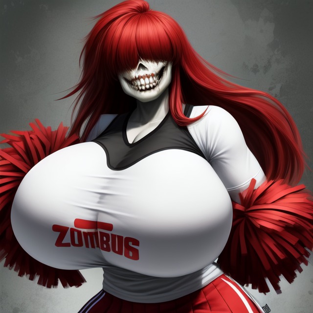 1girls ai_generated cheerleader cheerleader_uniform curvy fully_clothed hair_over_eyes huge_breasts purple_letter red_hair sara_(purple_letter) smile smiling solo tagme tagme_(artist) tagme_(character) voluptuous zombie zombie_girl