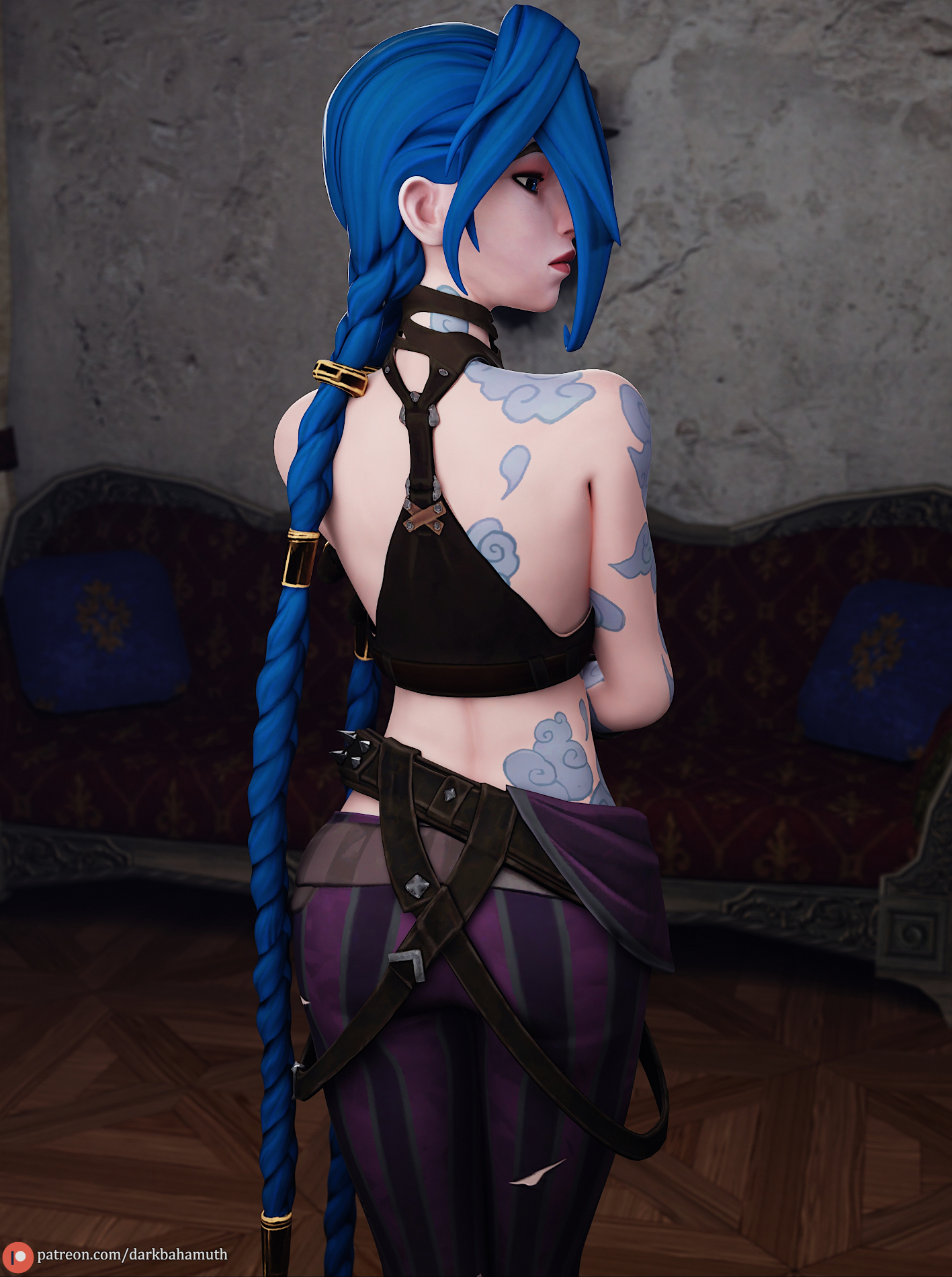 1girls, 3d, arcane, back view, darkbahamuth, female, female only, jinx (league of legends), league of legends, petite, pinup, riot games, solo, teenager, young, younger female