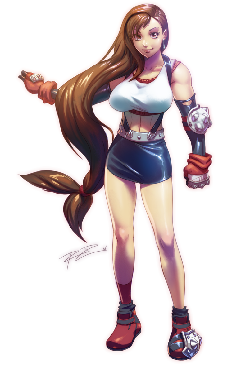 ankle_boots boots brass_knuckles breasts brown_eyes brown_hair crop_top earrings elbow_gloves elbow_pads female final_fantasy final_fantasy_vii gloves highres jewelry large_breasts lips long_hair loose_socks low-tied_long_hair midriff miniskirt negarobo robert_porter scrunchie skirt smile socks sports_bra suspenders tifa_lockhart torn_clothes torn_gloves very_long_hair weapon