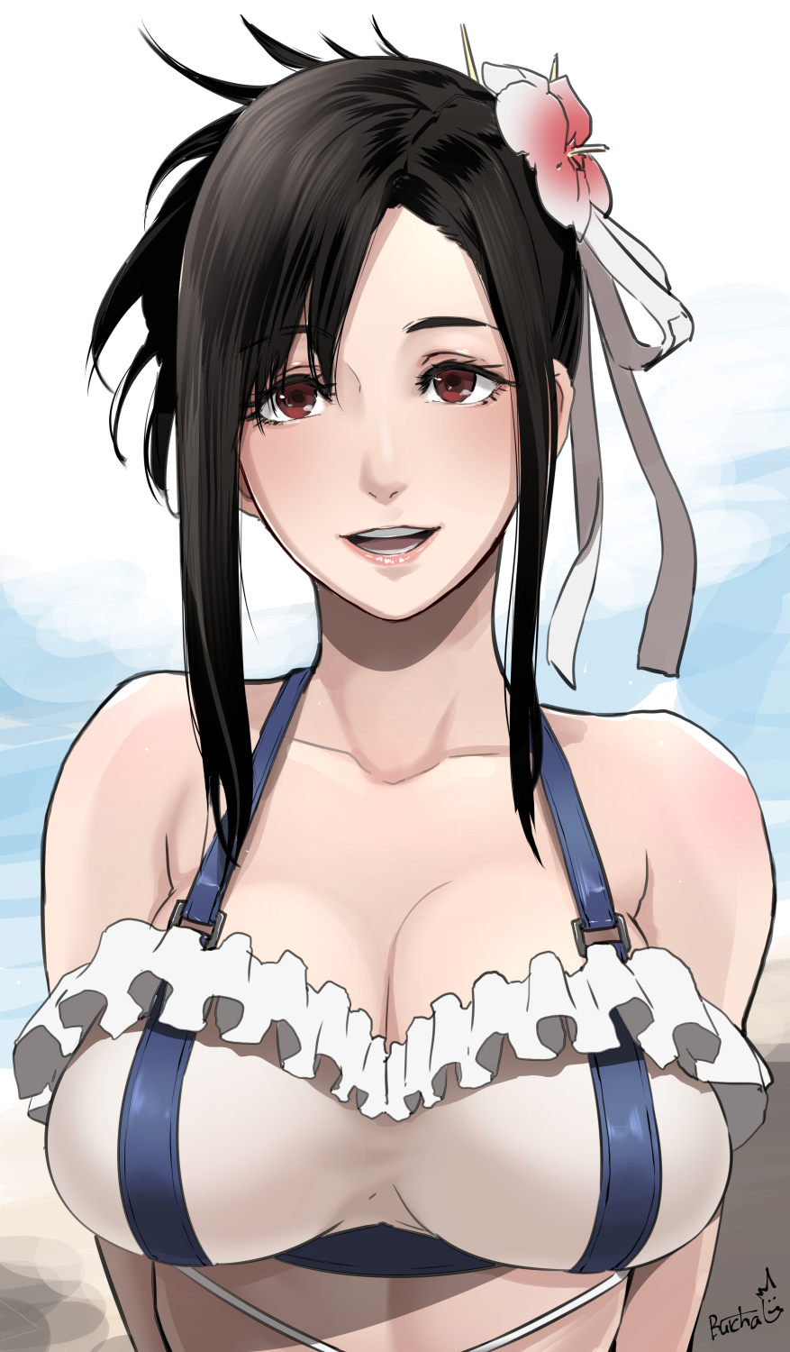 1girls, alternate costume, alternate hairstyle, big breasts, bikini, bikini top, black hair, breasts, brown eyes, butcha-u, female, female only, final fantasy, final fantasy vii, final fantasy vii rebirth, final fantasy vii remake, flower in hair, large breasts, smile, solo, swimsuit, tifa lockhart, tifa lockhart (shining spirit)
