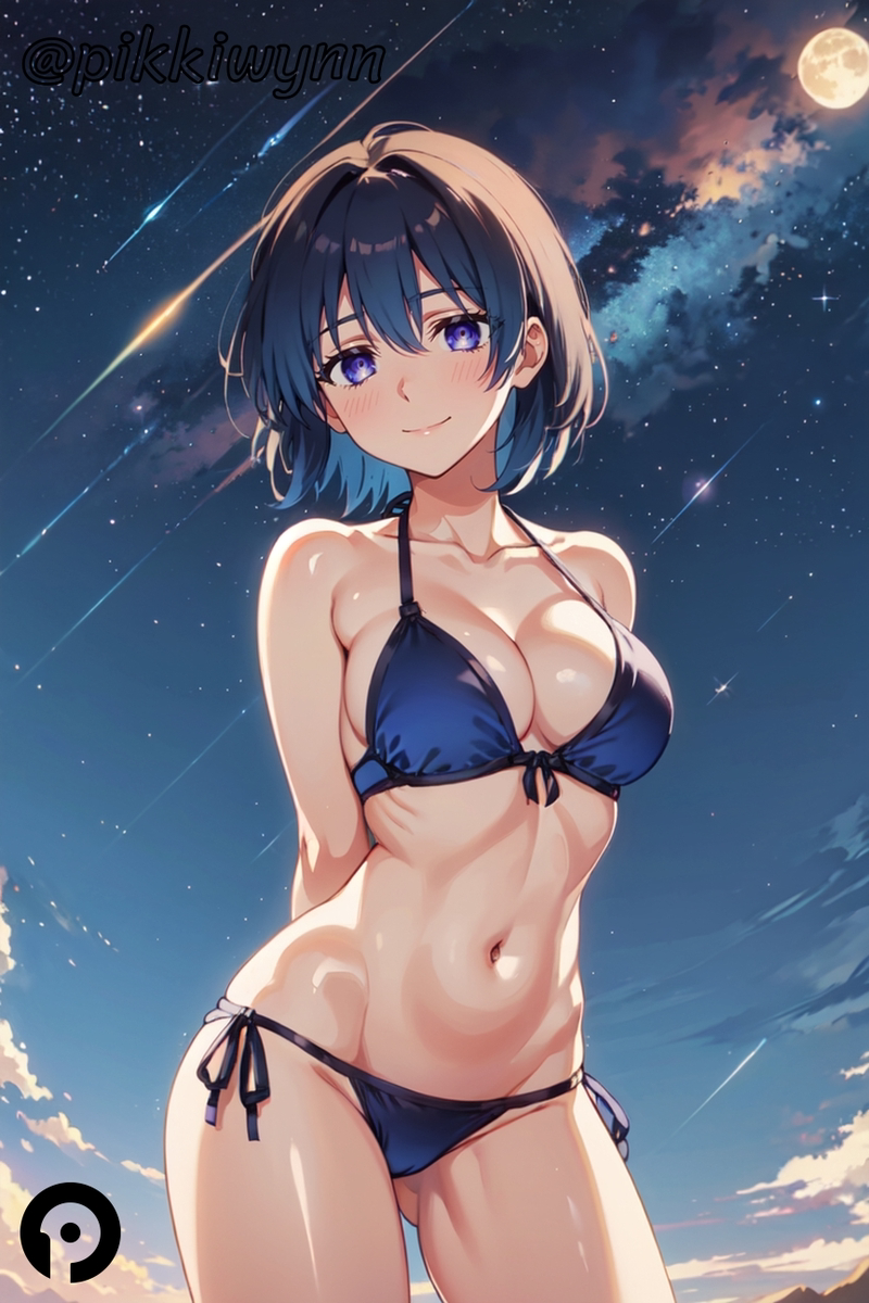 ai_generated arms_behind_back ass_visible_through_thighs bangs bare_shoulders bikini black_hair blue_bikini blue_eyes blue_hair blush breasts cleavage closed_mouth cloud collarbone cowboy_shot female front-tie_top halterneck kamiya_(kawaii_dake_ja_nai_shikimori-san) kawaii_dake_ja_nai_shikimori-san looking_at_viewer medium_breasts moon navel night night_sky outdoors pikkiwynn purple_eyes shooting_star short_hair side-tie_bikini_bottom sky smile solo standing star_(sky) starry_sky stomach string_bikini swimsuit thighs