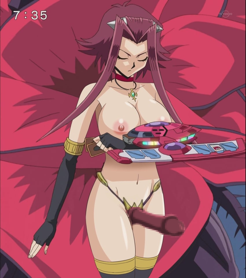 1girl 1girls akiza_izinski big_dildo censored closed_eyes dildo duel_disk edit edited female female_on_top femdom izayoi_aki mosaic_censoring mosaic_censorship presenting_strap-on red_hair solo solo_female strap-on third-party_edit voluptuous_female yu-gi-oh! yu-gi-oh!_5d's