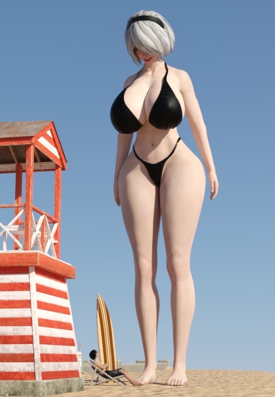 1boy 1girls 3d big_breasts bikini breasts female female_focus giantess hairband huge_breasts light-skinned_female light_skin macro male nier nier:_automata psykojess short_hair size_difference white_hair yorha_2b