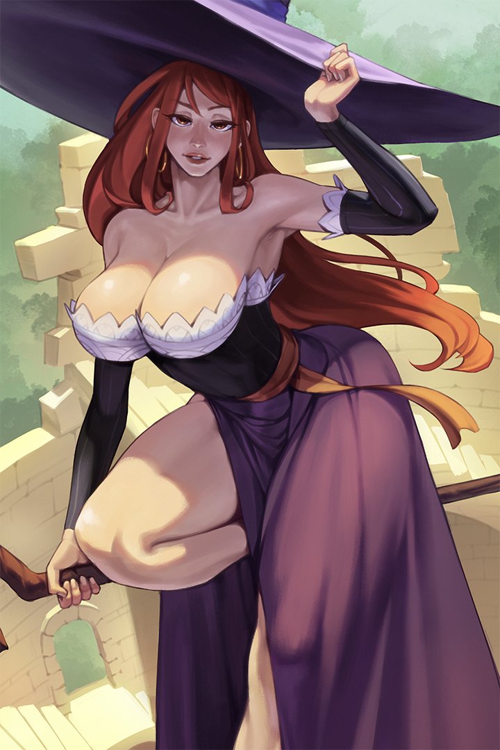 1girls 2023 big_breasts dragon's_crown dress female female_only hi_res large_hat long_hair looking_at_viewer red_eyes red_hair rim_jims solo sorceress_(dragon's_crown) witch_hat