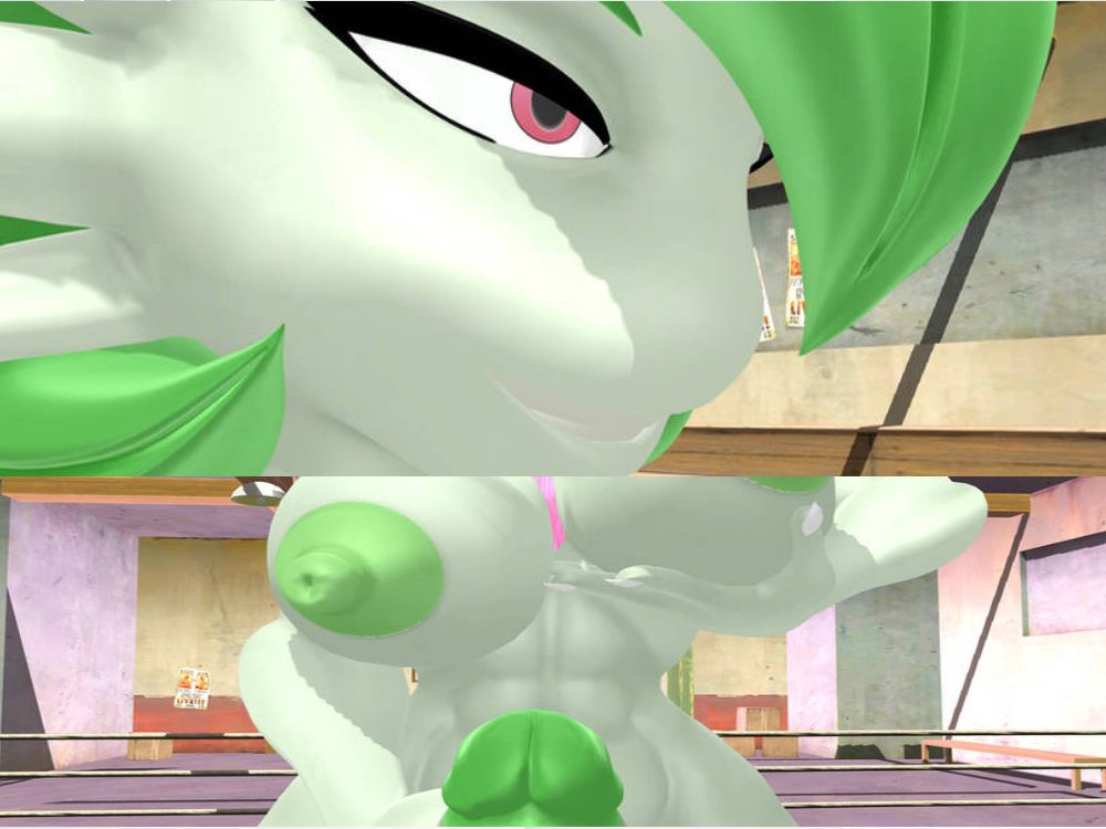 1futa 2_panel_comic 3d 3d_(artwork) areolae aroused balls big_breasts big_nipples breasts erection fighting_ring fondling fondling_breast foreskin futa_only futa_sans_balls futanari game_freak gardevoir green_cock green_hair green_nipples gym huge_cock indoors masturbating mmd naked navel nintendo nipples no_humans nude penis pokemon pokemon_(species) primordiol red_eyes self_fondle smug_grin solo voluptuous