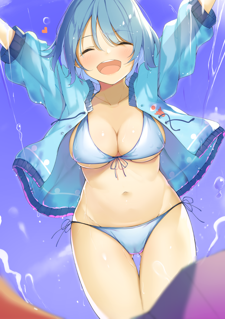 1girls arms_up bikini blue_bikini blue_hair blue_jacket blue_sky breasts cleavage closed_eyes cowboy_shot day facing_viewer female front-tie_bikini_top front-tie_top gluteal_fold happy jacket kogasa_tatara medium_breasts navel open_mouth outdoors piyodesu sky smile solo splashing standing stomach summer swimsuit tagme tatara_kogasa thigh_strap touhou wet