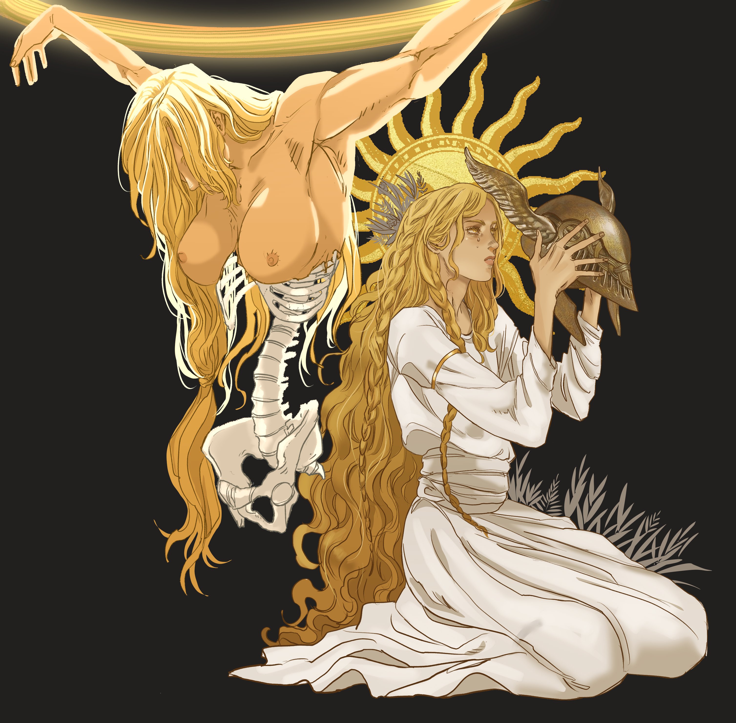 big breasts, blonde hair, breasts, breasts out, elden ring, female, fromsoftware, gore, guro, kneeling, light-skinned femboy, marceline2174, milf, miquella, mother and son, nude, queen marika the eternal, shadow of the erdtree