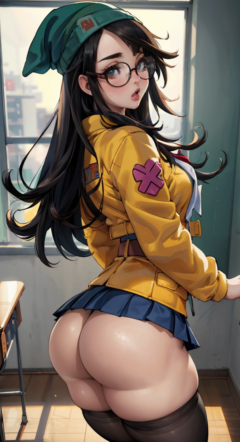 1girls, ai generated, ass, ass focus, big ass, black hair, classroom, female, female only, glasses, hair, killjoy (valorant), long hair, lux paladin, no panties, partially clothed, riot games, school, school uniform, schoolgirl, thick thighs, thighhighs, thighs, valorant