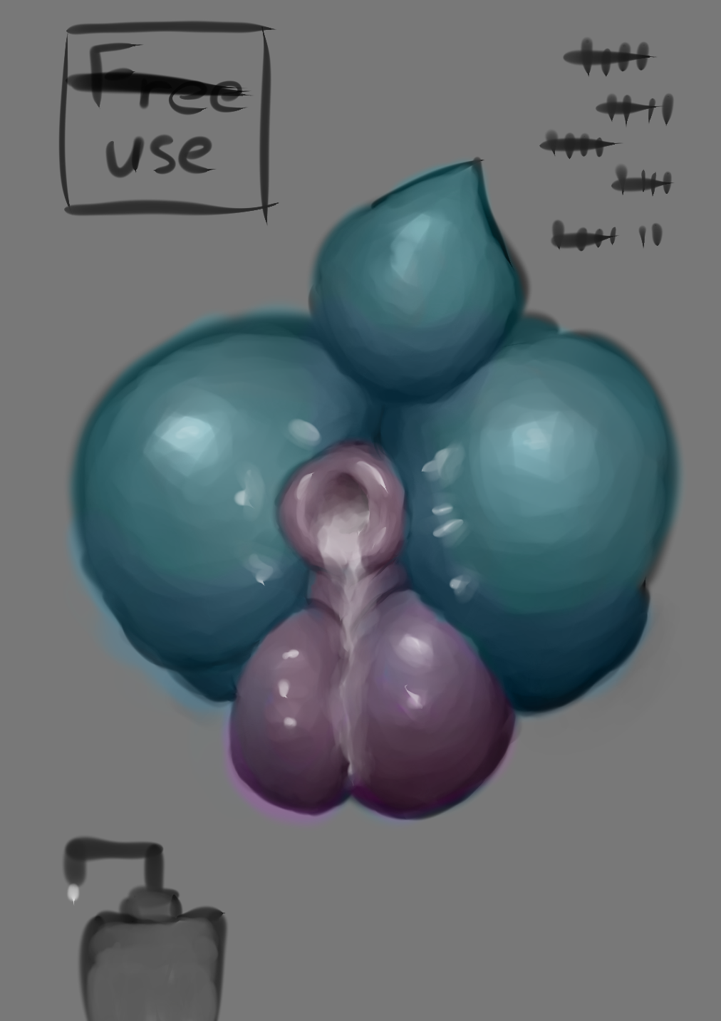 2024 anthro anus backsack balls big_balls bodily_fluids cum cum_from_ass cum_in_ass cum_inside digital_media_(artwork) free_use gaping gaping_anus gay_male genital_fluids genitals hi_res hole_in_wall lube_bottle male puffy_anus shaded solo teal_body text unknown_species wholle