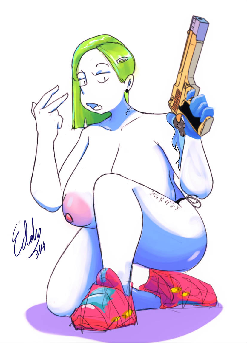 big_breasts breasts edolov female green_hair gun huge_breasts pistol puffy_nipples shoes topless_female