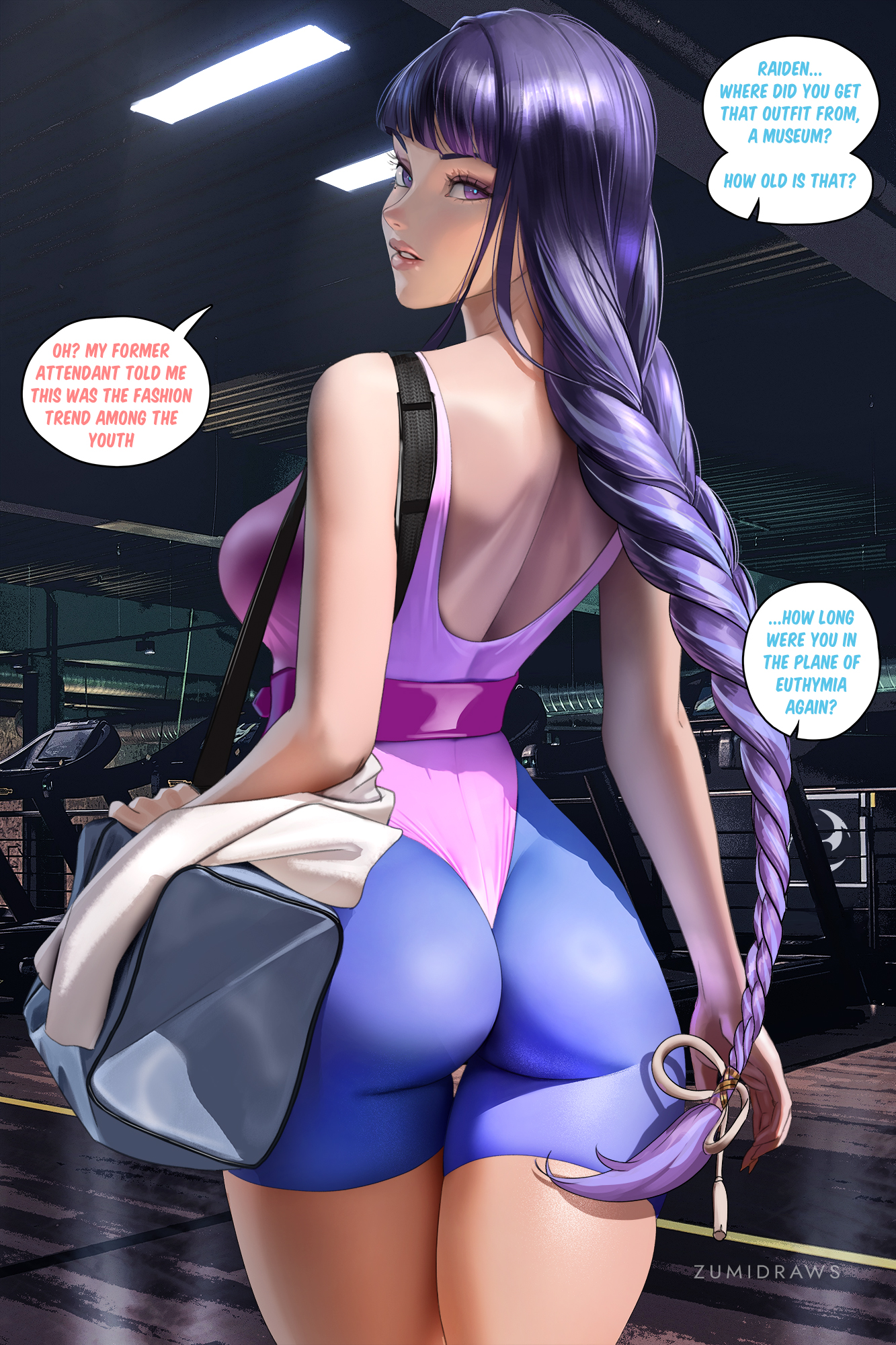 1girls, ass, braided hair, breasts, english text, female, genshin impact, gym clothes, huge breasts, large ass, light skin, light-skinned female, long hair, naughty face, purple eyes, purple hair, raiden shogun, rear view, solo female, sportswear, zumi