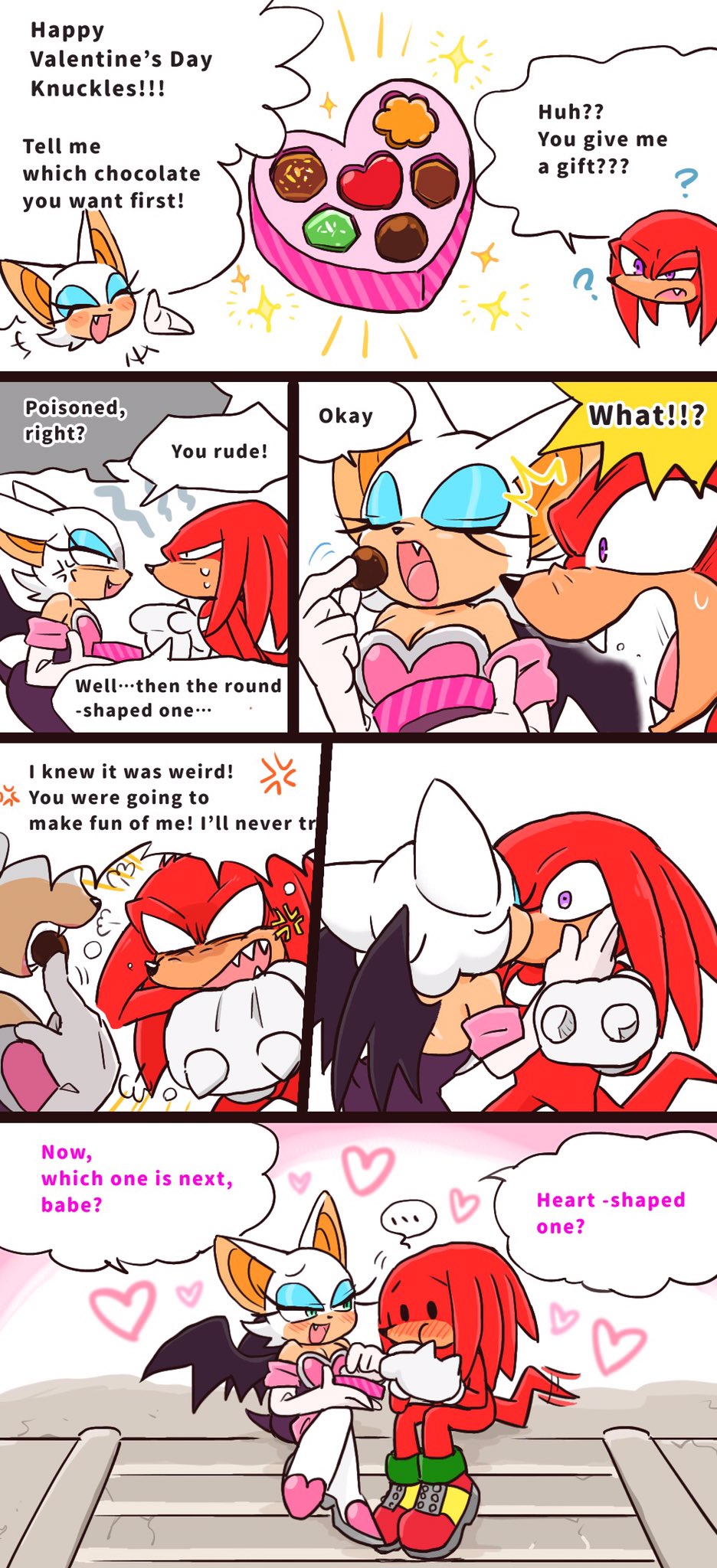 1boy, 1girls, anthro, bat, big breasts, blush, breasts, chiropteran, comic, cute, echidna, female, kissing, knuckles the echidna, male, male/female, mobian (species), not porn, red fur, red hair, romantic, rouge the bat, sonic (series), sonic the hedgehog (series), thick thighs, white hair, wholesome, wide hips, yotsumedd