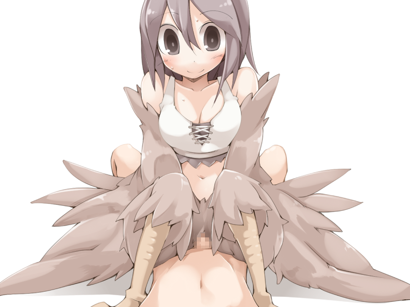 1boy bare_shoulders bird_legs blush bmp-to-png_conversion breasts brown_eyes brown_feathers brown_hair brown_wings censored cleavage cowgirl_position feathered_wings feathers female frfr hair_between_eyes harpy long_hair medium_breasts midriff mon-musu_quest! monster_girl mosaic_censoring navel non-web_source pina_(mon-musu_quest!) pov sex straddling straight sweat tank_top transparent_background white_tank_top winged_arms wings