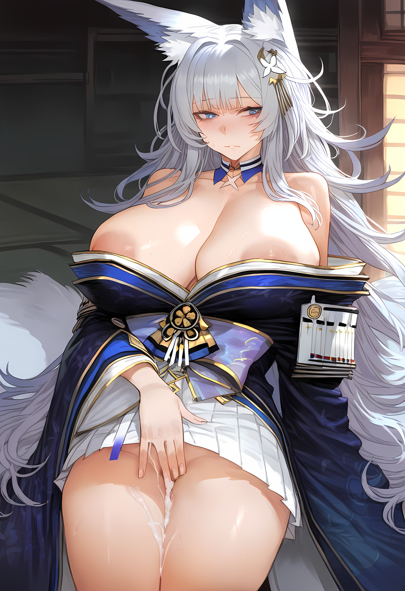 1boy 1girls 2d after_sex ai_generated azur_lane big_breasts blue_eyes blush breasts choker cleavage cum cum_drip cum_in_pussy cum_inside dark-skinned_male dark_skin female fox_ears fox_girl hair_ornament huge_breasts kaikoi long_hair netorare shinano_(azur_lane) white_hair