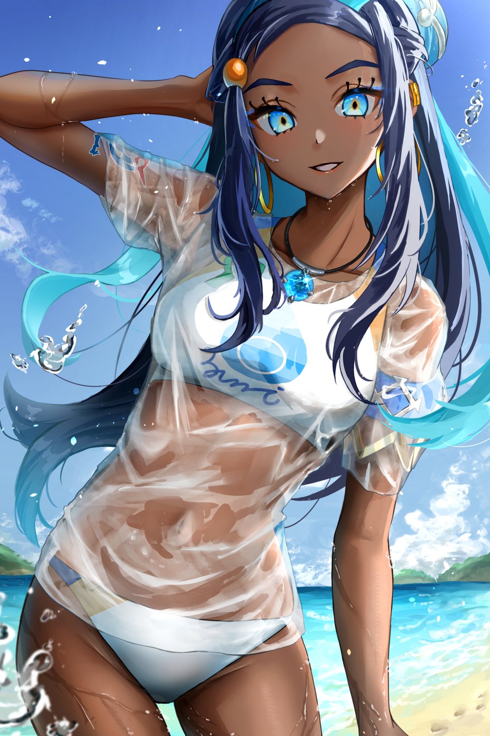breasts, dark skin, dark-skinned female, earrings, female, female only, looking at viewer, nessa (pokemon), nintendo, pokemon, see-through, settashuko, solo, swimsuit, two-tone hair, wet, wet clothes