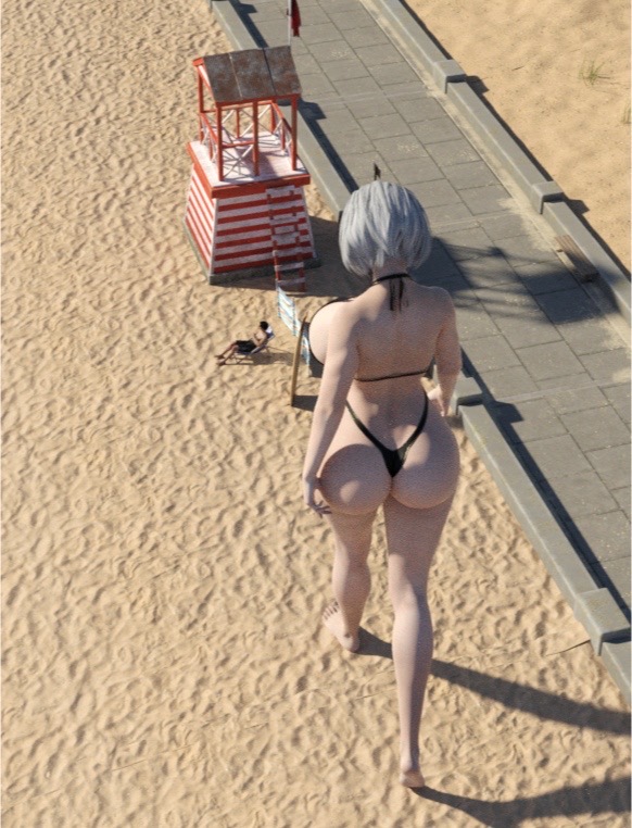 1boy 1girls 3d ass big_ass big_breasts bikini breasts female female_focus giantess light-skinned_female light_skin macro male nier nier:_automata psykojess short_hair size_difference white_hair yorha_2b