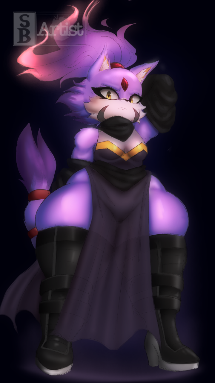 1girls blaze_the_cat cat_ears cat_tail catgirl curvy_figure dark_background digital_drawing_(artwork) dress fire_hair fur furry furry_ears gem hi_res high_heels looking_at_viewer nipples_visible_through_clothing princess purple_fur sega small_breasts snowyblue solo sonic_(series) sonic_rush thick_ass thick_thighs thigh_boots watermark