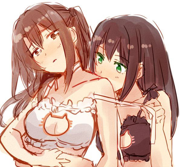 2girls arm back_kiss bare_arms bare_shoulders black_bra black_hair blush bra breasts brown_eyes brown_hair cat_cutout cat_keyhole_bra cat_lingerie choker cleavage cleavage_cutout female friends green_eyes head_tilt hug hug_from_behind idolmaster idolmaster_cinderella_girls kissing lingerie long_hair looking_at_another moaning multiple_girls nagiriku912 neck off_shoulder one_side_up open_mouth shibuya_rin shimamura_uzuki underwear untying upper_body white_bra yuri