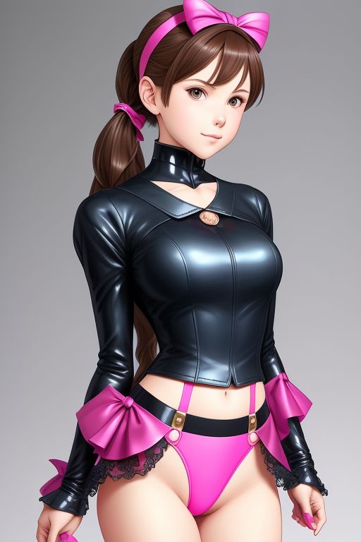 accurate_art_style ai_generated bow brunnette digital_media_(artwork) female headband latex midriff pink_clothing realistic