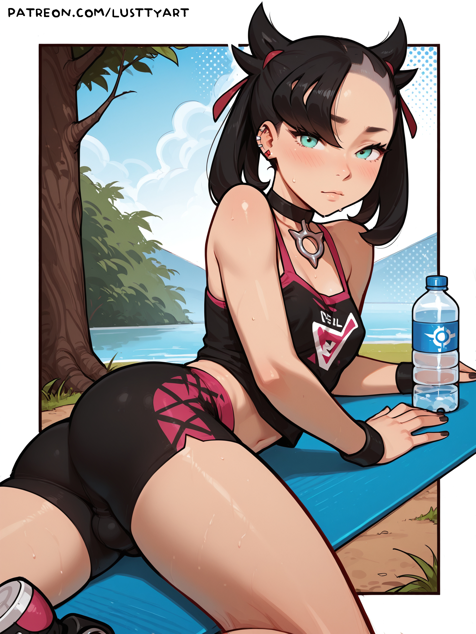 1futa, absurdres, ai, ai generated, black hair, black legwear, black panties, blush, bulge, dickgirl, futa focus, futa only, futanari, generated, highres, lingerie, long hair, looking at viewer, lusttyart, marnie (pokemon), navel, otoko no ko, panties, pokemon, pokemon ss, purple eyes, purple hair, solo, standing, teenager, thighhighs, underwear