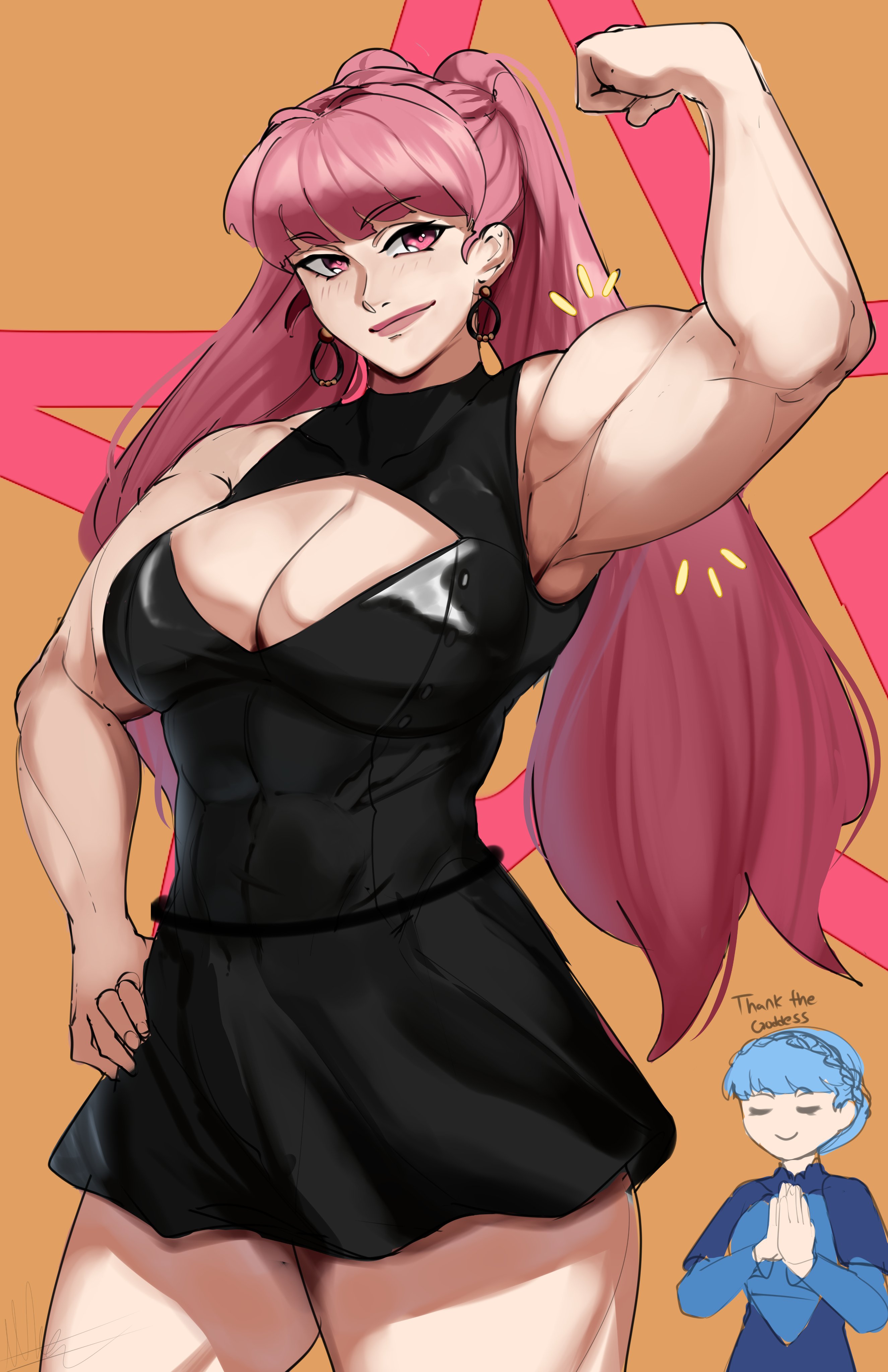 2girls, abs, abs visible through clothing, alternate costume, armpit, biceps, cleavage, female, female only, fire emblem, fire emblem: three houses, flexing, flexing bicep, hilda valentine goneril, marianne von edmund, multiple females, multiple girls, muscle awe, muscle mommy, muscles, muscular, muscular female, pink hair, puzzled artist, solo focus, twintails