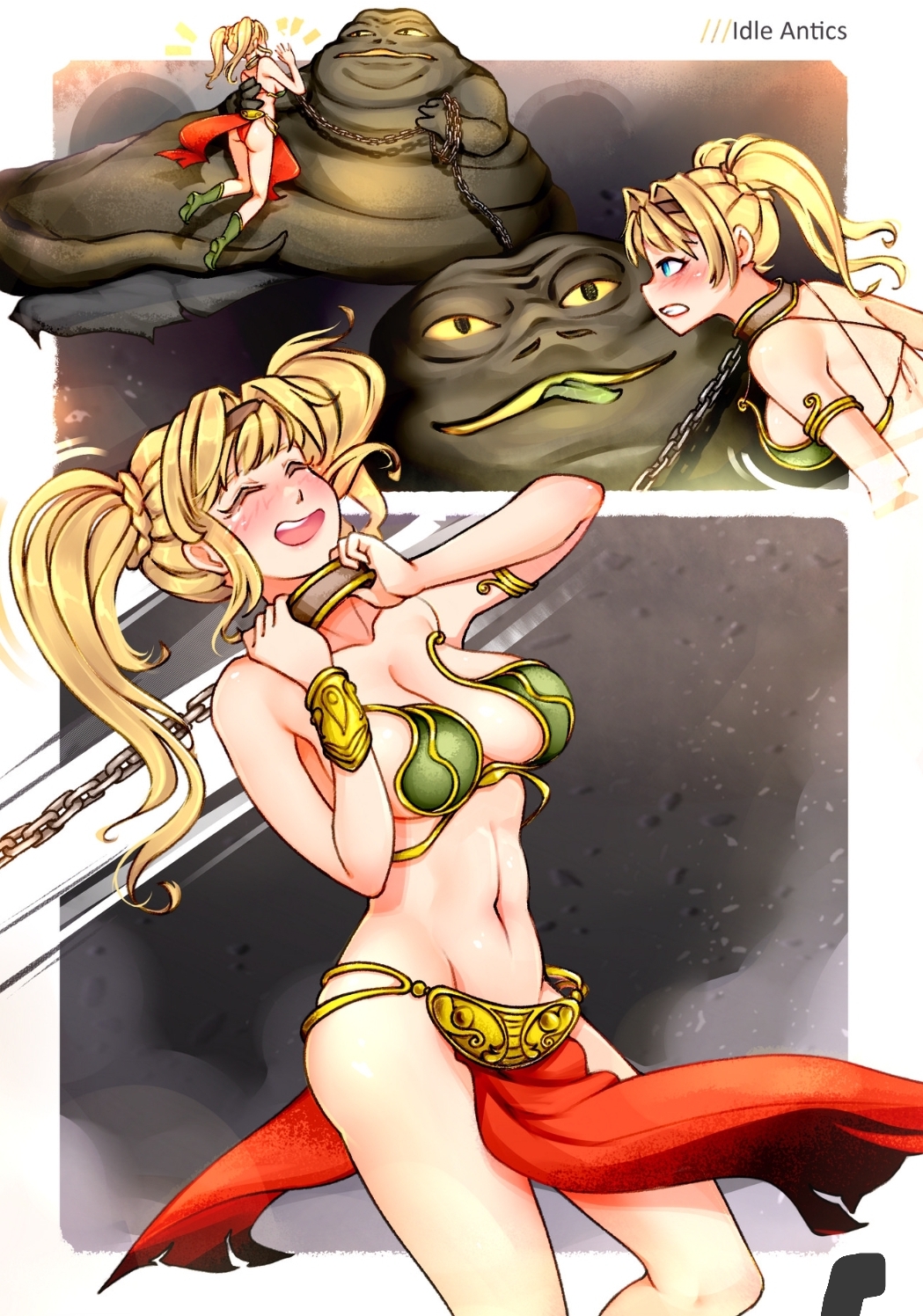 1girls angry ass blonde_hair blue_eyes chains choking cleavage collar female forced granblue_fantasy hutt idle_antics implied_sex jabba_the_hutt leash leash_and_collar leash_pull leashed_collar light-skinned_female light_skin metal_collar nonhuman_male_on_human_female pleasure_face revealing_clothes skimpy_clothes slave slave_bikini slave_collar slave_leia_(cosplay) slave_outfit slavegirl star_wars twintails zeta_(granblue_fantasy)