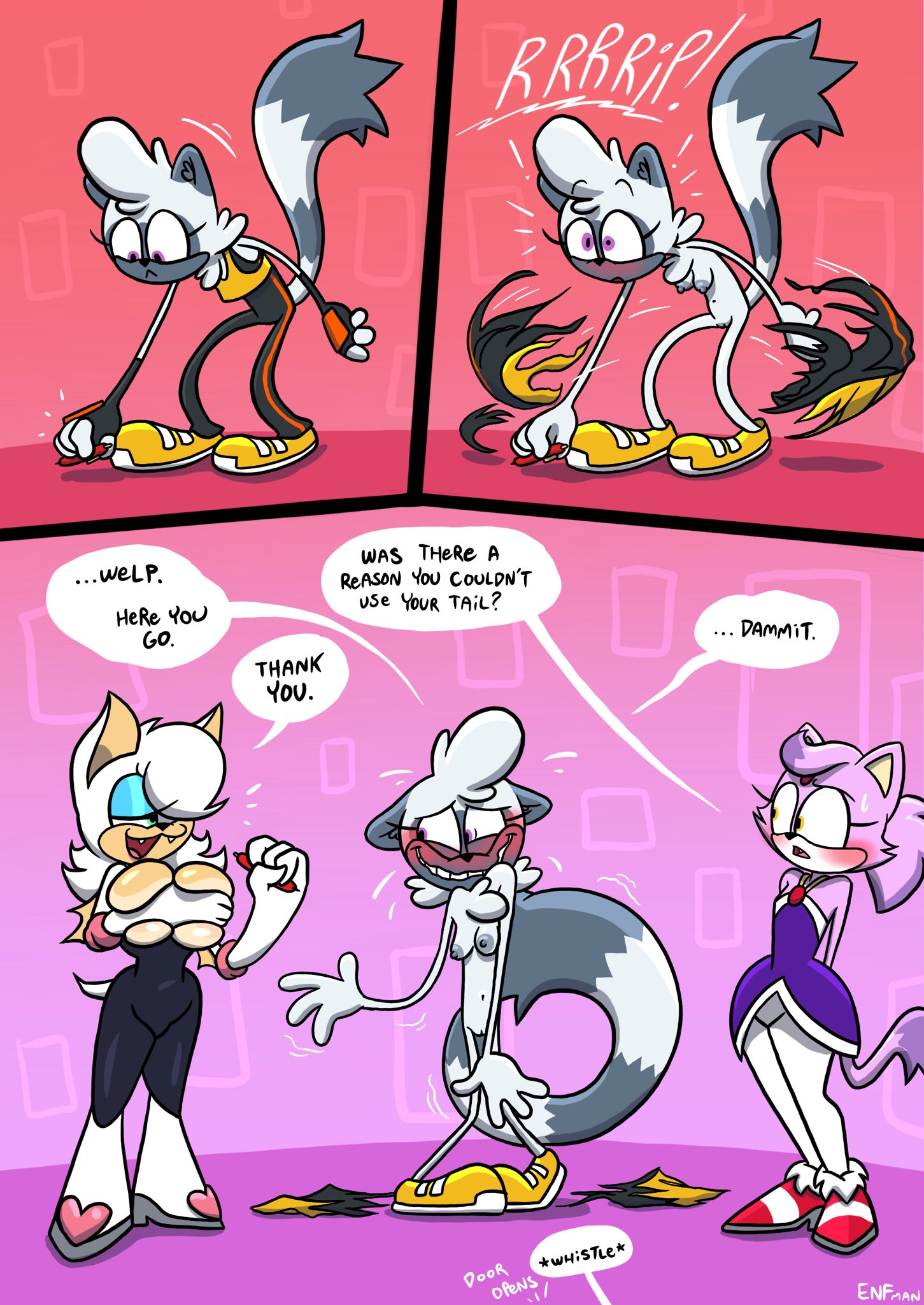 3girls, anthro, blaze the cat, blush, blushing, boobs, breasts, covering, embarrassed, embarrassed nude female, enf, english text, female, impossible wardrobe malfunction, multiple females, multiple girls, nipples, nude, only one naked, pussy, ripped clothes, ripped clothing, rouge the bat, sonic (series), sonic the hedgehog (comics), sonic the hedgehog (idw), sonic the hedgehog (series), tagme, tangle the lemur, theenfman, tits, torn clothes, torn clothing, wardrobe malfunction